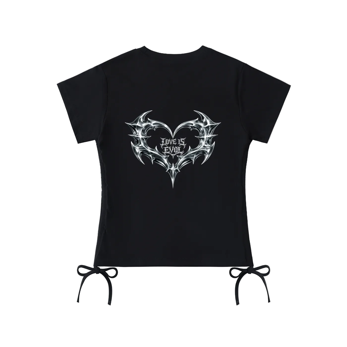 Black t-shirt with a chrome heart design and text