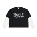 Black t-shirt with white sleeves and 'Evol' logo on a white background
