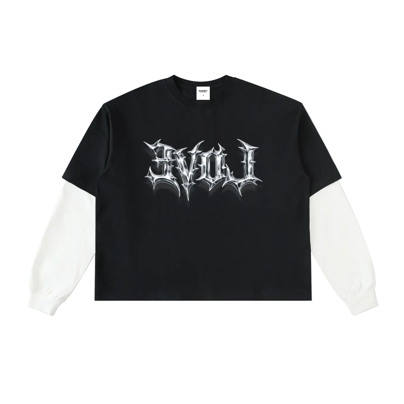 Black t-shirt with white sleeves and 'Evol' logo on a white background
