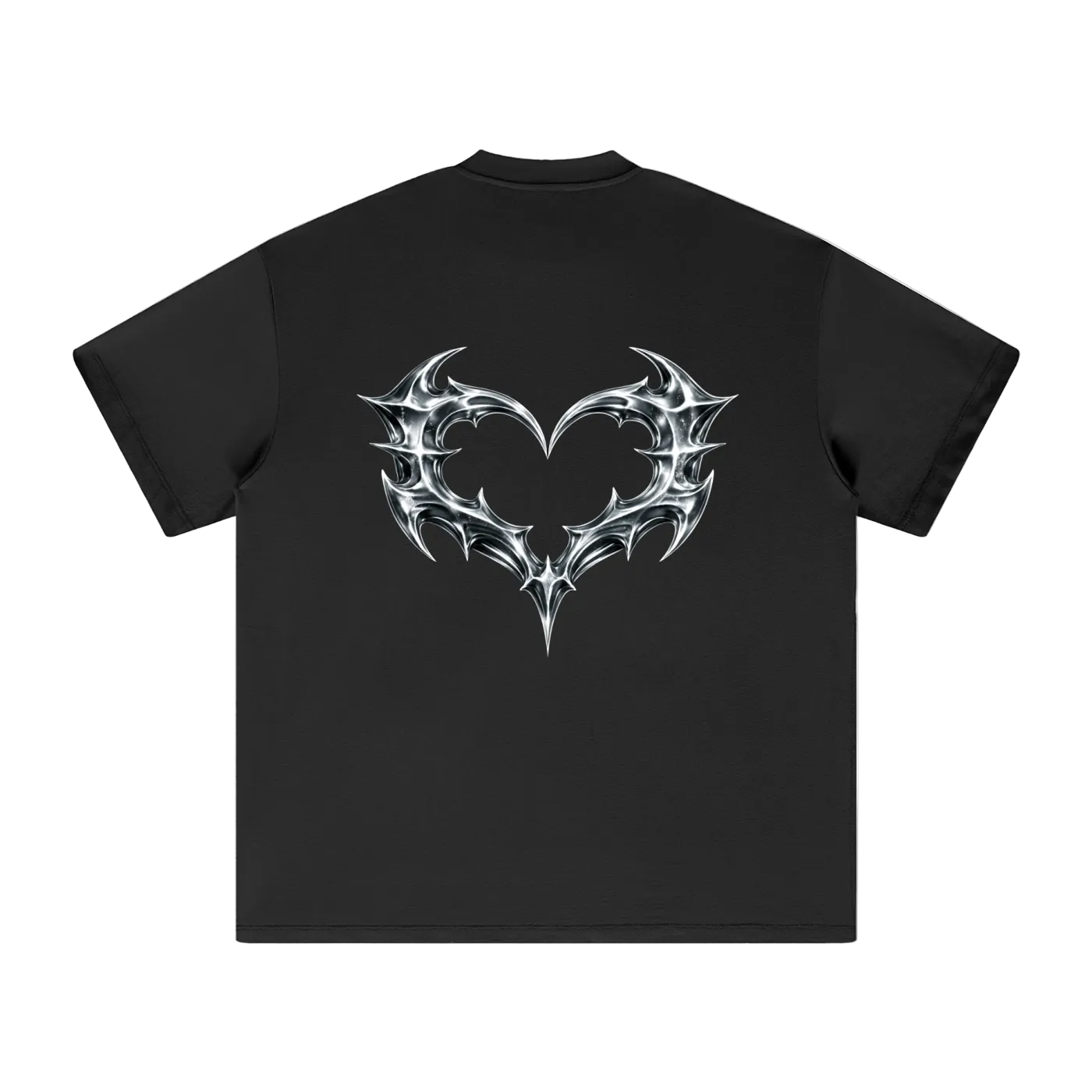 Black t-shirt with a white chrome heart design on the back