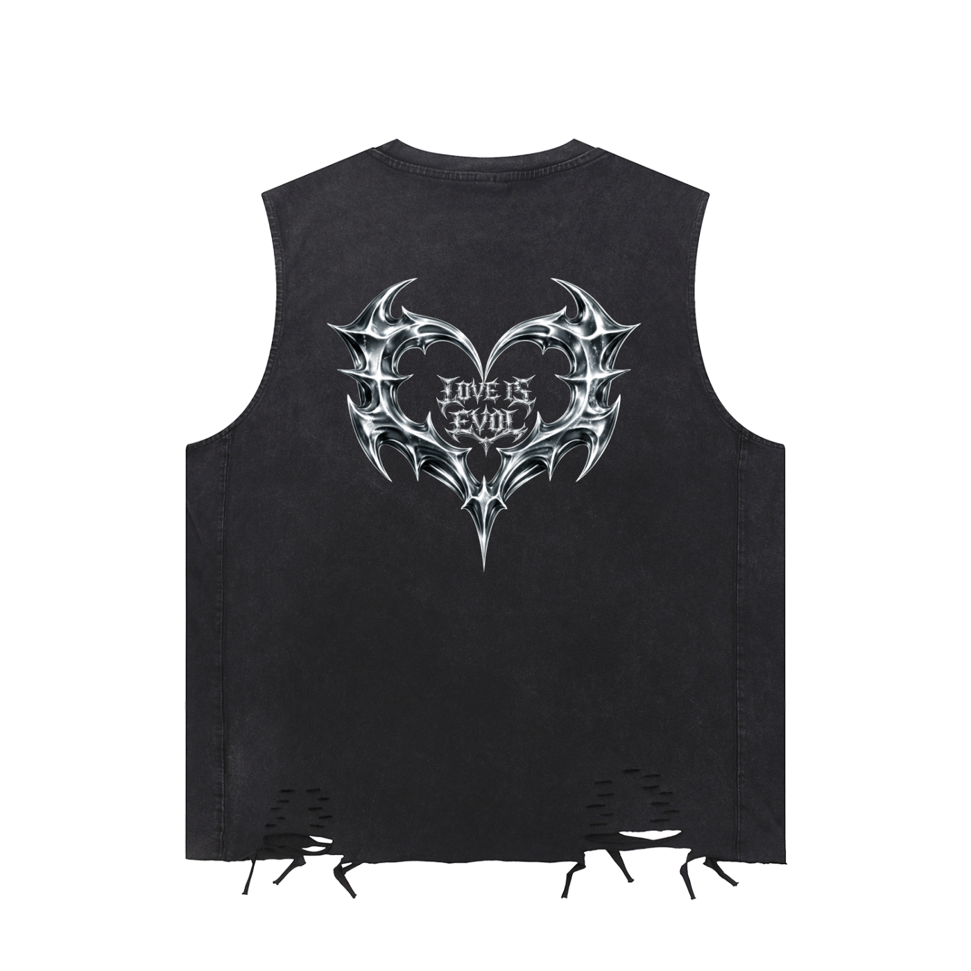 Black sleeveless shirt with a heart-shaped design and 'Love is Evol' text